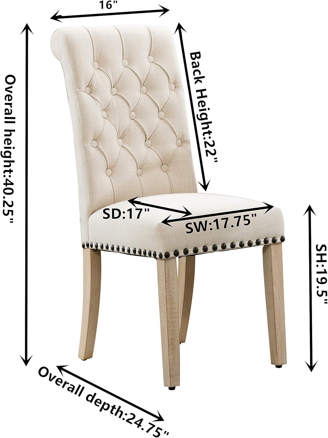 Luxuriour Fabric Dining Chairs, Pekko Kitchen Room with Copper Nails and Solid Wood Legs Set of 2 (Beige+A) - Chairs