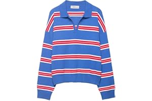 Women’s Striped Polo Sweater Collared V Neck Knit Pullover Long Sleeve Oversized Casual Rugby Shirt Top for Casual Work