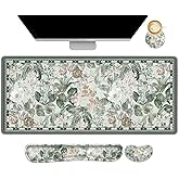 DINKY Large Mouse Pad and Keyboard Wrist Rest, Desk Pad for Keyboard and Mouse, Extended Mouse Pad with Wrist Support, 4 in 1 Non-Slip Desk Mat Blotter for Office, Home, Green Vintage Leaf Flower