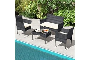TINKLE WELL Outdoor Patio Furniture, 4 Pieces Rattan Chairs Wicker Conversation Set with Tempered Glass Table, Cushion, for Yard, Garden, Poolside, Porch, Bistro, Balcony, Black and Beige