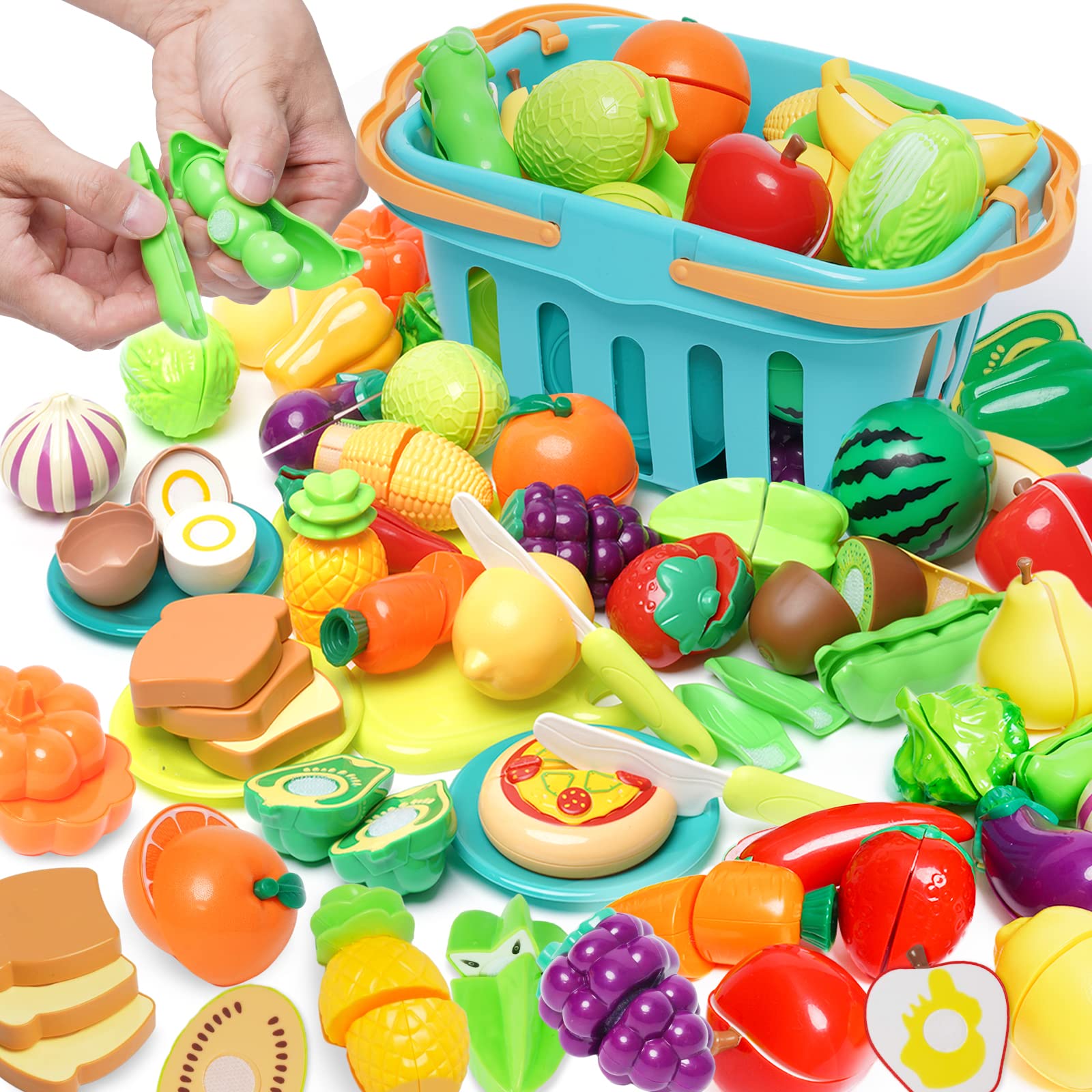 75 PCS Cutting Play Food Toy for Kids Kitchen Pretend Fruit &Vegetables Accessories with Shopping Storage Basket, Plastic Mini Dishes and Knife, Educational Toy for Toddlers Boys Girls Ages 3+