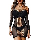 himifuns Sexy Cover Up for Women Fishnet Swimsuit Mesh off the Shoulder Long Sleeve Mini Dress Bikini Beach Coverups