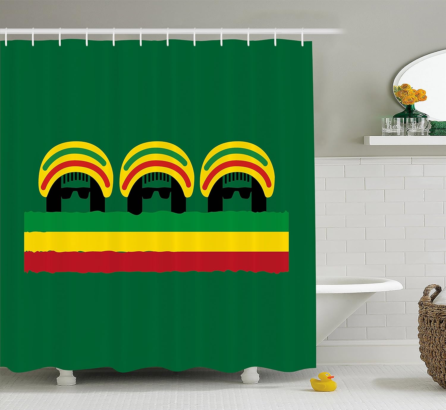 Amazon Com Ambesonne Jamaican Shower Curtain Jamaican Reggae Culture Inspired Minimal Head Shapes With Hats Country Flag Fabric Bathroom Decor Set With Hooks 105 Inches Extra Wide Green Multicolor Home Kitchen