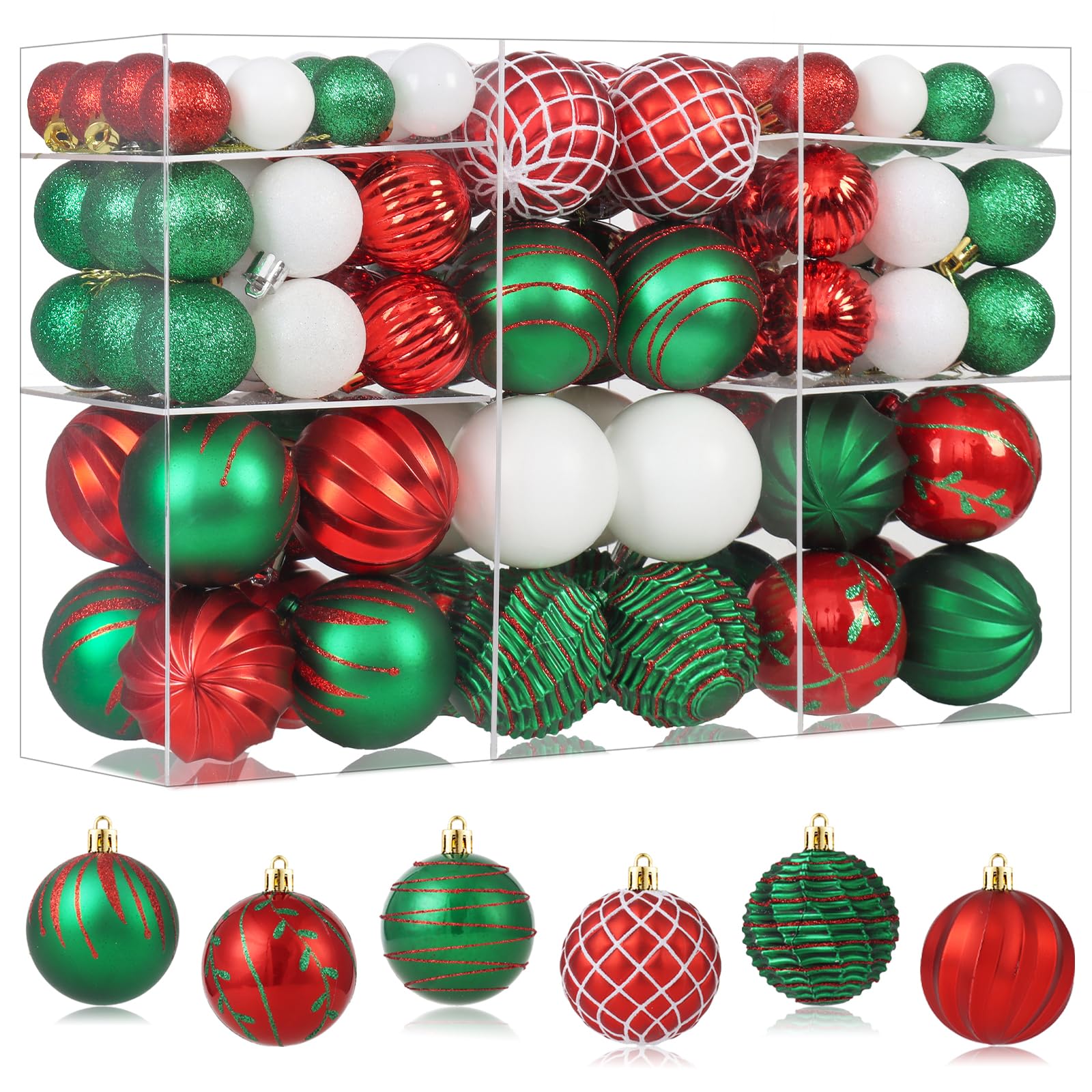 Photo 1 of 100PCS Red Green White Christmas Ornaments Set, Shatterproof Christmas Ball Ornaments Bulk, Assorted Decorations Baubles Hanging Ornaments for Christmas Trees Holiday Party Decor (Red & Green & White)