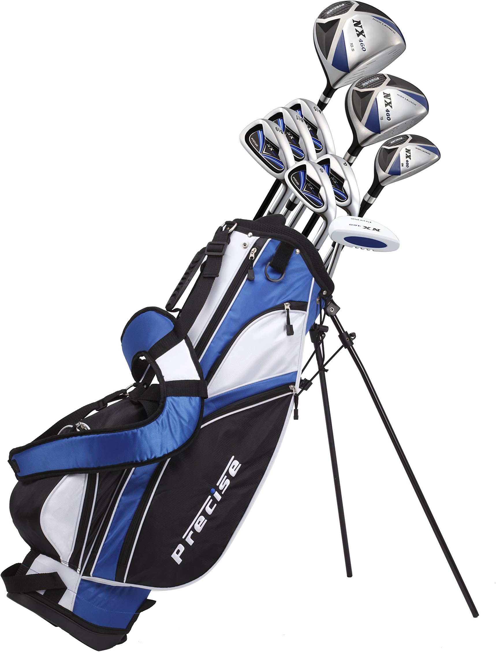 Precise NX460 Men's Complete Golf Clubs Package Set Includes Driver, S.S. Fairway, S.S. Hybrid, 5 Stainless Irons, Putter, Stand Bag, 3 H/C's Right Hand