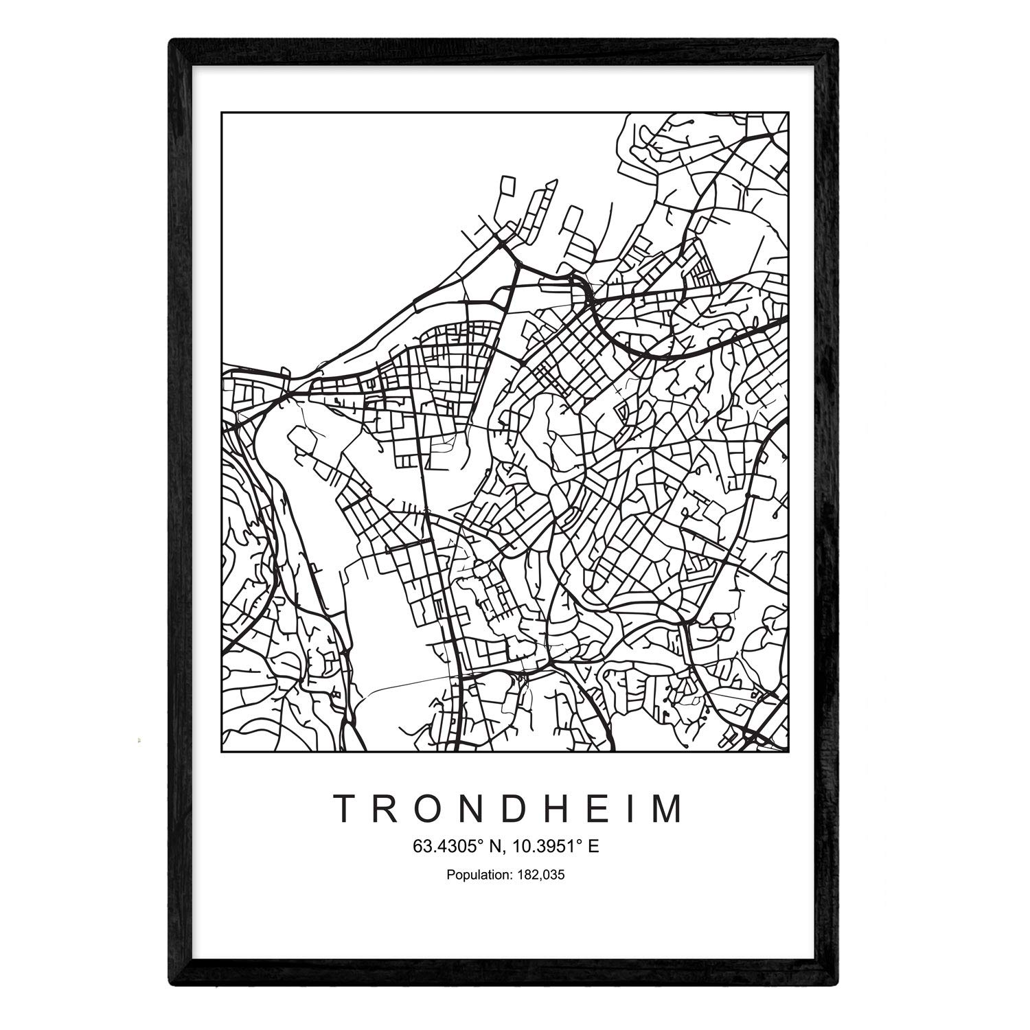 Nacnic Print city map Trondheim Scandinavian style in black and white. A3 size,printed poster paper No 250 gr. Paintings, prints and posters for living room and bedroom