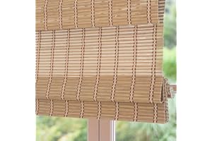 Sunbox Cordless Bamboo Roman Shade Blind, Woven Wood Roman Shades, Light Filtering Natural Bamboo Shades for Windows, French Doors, 33" W x 48" H, Caramel Brown