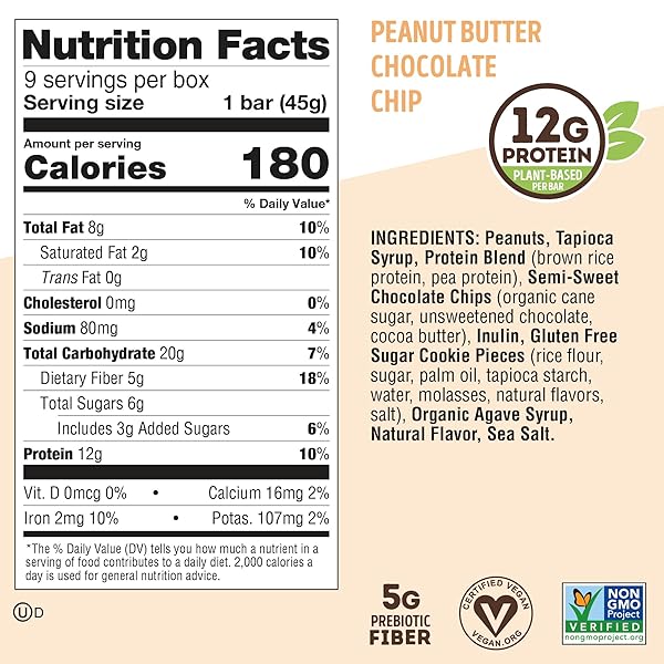 LENNY & LARRY’S COOKIE-FIED PROTEIN BAR – PEANUT BUTTER CHOCOLATE CHIP VEGAN 9X45G – HEALTHY SNACKS WITH 12G PLANT PROTEIN & 5G FIBER – GLUTEN FREE POWER BAR, KETO FRIENDLY, NON-GMO & VEGAN