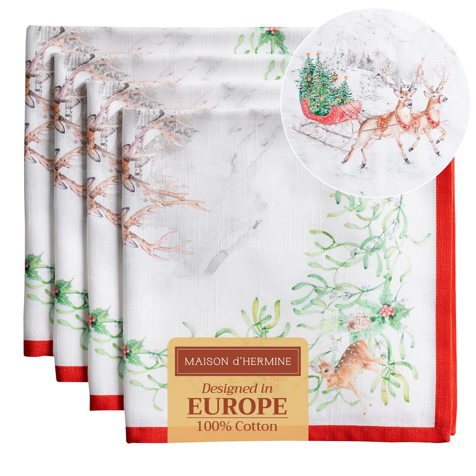 Maison d' Hermine Cloth Napkins Set of 4 100% Cotton for Christmas Decorations Everyday Reusable Square Autumn Napkins Cloth Washable Dinner Party Wedding (Christmas Tradition, 45 CM x 45 CM)