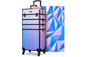 BYOOTIQUE 4in1 Rolling Makeup Case on wheels Nail Traveling Organizer box False Eyelash Storage for Nail Technician Beauty Salon Barbershop Hairstylist,Mermaid Purple