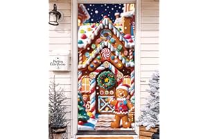 YUSPENYE Christmas Door Cover Decorations, 35.4"x78" Gingerbread man and Candy House Design, Festive Holiday Door Decor for Front Doors