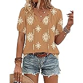 LOMON Boho Tops for Women Summer V-Neck Tie Front Peasant Blouses Casual Puff Sleeve Loose-Fit Flowy Shirts Beach Vacation