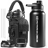 ONETIGRIS 32 oz Insulated Water Bottle with Straw - Tactical Stainless Steel Water Jug, Leakproof Thermos Wide Mouth Sport bottle with 3 Lids and Sleeve for Travel, Gym, Camping, Hiking