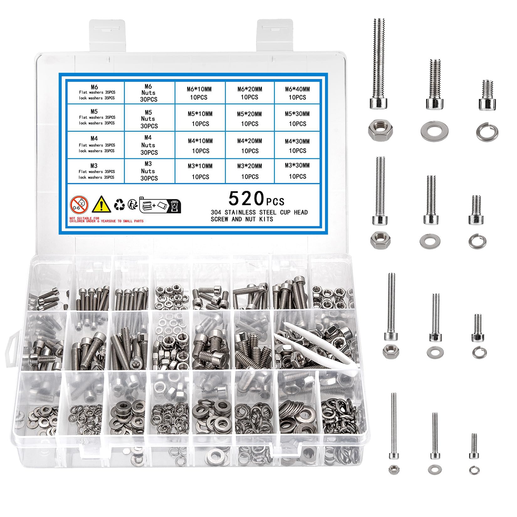 KOXXIAMOQ 520 Pcs M3 M4 M5 M6 Nuts and Bolts Set, Hex Head Screws Bolts and Nuts and Washers, Stainless Steel Hex Socket Cap Head Machine Screws and Washers Assortment Kit (520)