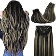 GOO GOO Clip in Hair Extensions Real Human Hair, Remy Human Hair Extensions Clip ins for Women, Natural Human Hair, 14inch 120g 7Pcs, 1B/16/1B Balayage Natural Black to Light Blonde