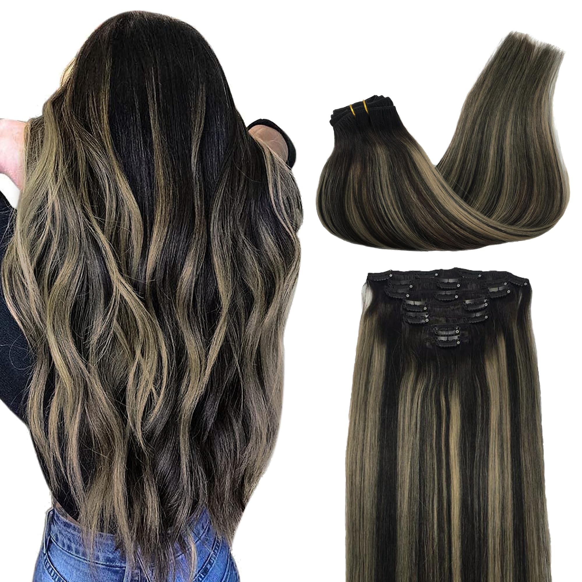 GOO GOO Clip in Human Hair Extensions, 24inch 120g 7pcs, Hair Extensions Clip in, 1B/19/1B Balayage Black to Light Blonde — image 1