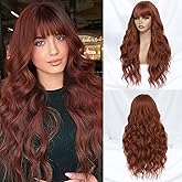MINLEE Auburn Wig with Bangs for Women 26 Inch Long Wavy Synthetic Wigs for Daily Party Use