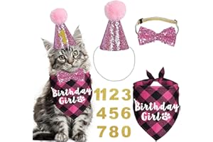 JOTFA Cat Birthday Decorations, Cat Birthday Hat with Numbers Bandana Bow Tie for Cats Kittens (Pink)