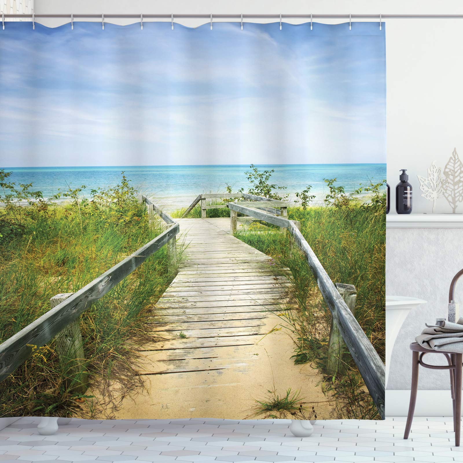 ABAKUHAUS Seaside Shower Curtain, Boardwalk over Dunes at Beach Pinery Provincial Park Ontario Canada, Cloth Fabric Bathroom Decor Set with Hooks, 70 Inches, Sand Brown Fern Green — image 1