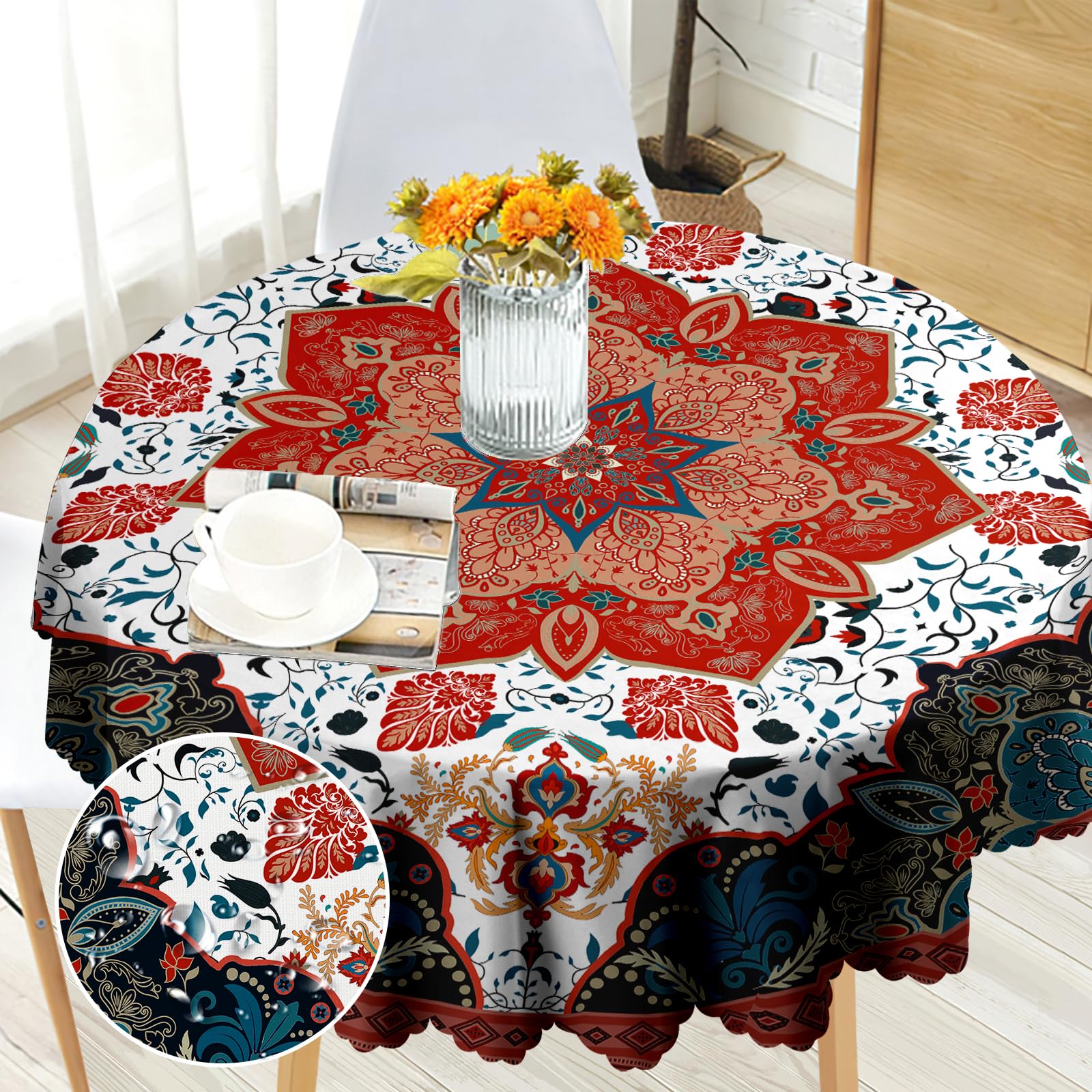 Round Tablecloth Wipe Clean 150cm - Vintage Oriental Mandala Pattern - Wipeable Circular Table Cloth Waterproof Polyester Table Cover for 4-6 Seater Dining Kitchen Patio Garden Party Outdoor — image 1