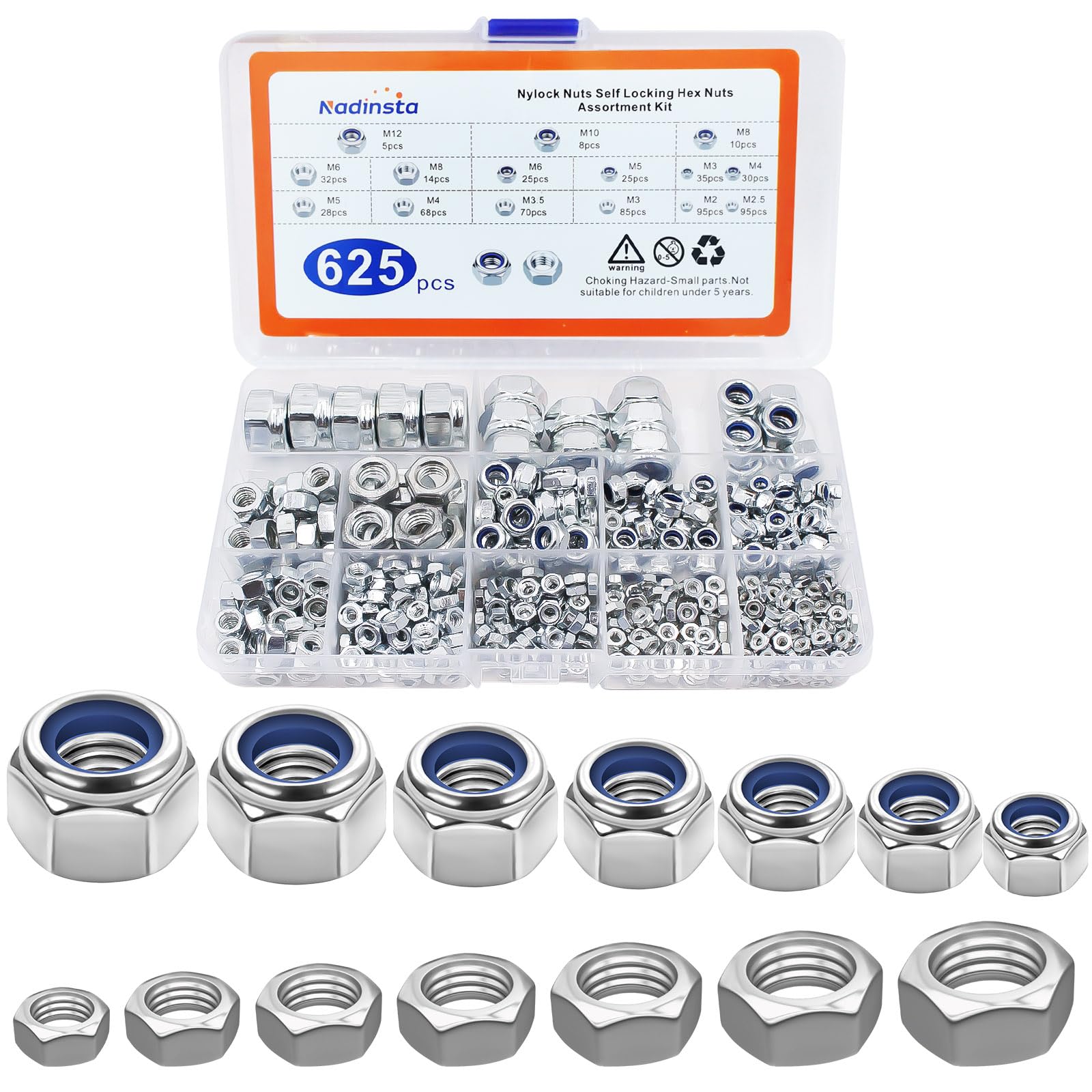 Nadinsta 625 Pcs Assorted Self Locking Nuts Assortment, Hex Nuts Assortment Set, Carbon Steel Locknuts for Screws, Standard Thread Hexagon Nut,Hexagonal Nut M2/M2.5/M3/M3.5/M4/M5/M6/M8/M10/M12