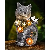 Vuees Solar Garden Statues Outdoor Decor, 6 LED Cat Flowers Butterfly Figurine Lights, Waterproof for Balcony Patio Porch Lawn Yard Ornament Art - Gift Ideas for Housewarming Gardening Grandma Women