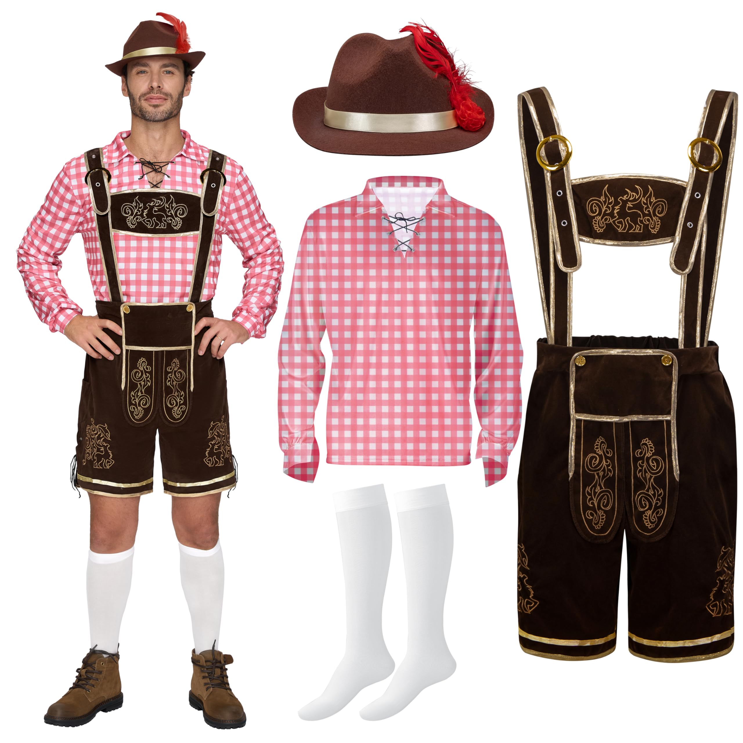 Photo 1 of Spooktacular Creations Men Lederhosen Oktoberfest Outfit Costume, 5 Pack German Bavarian Costume Set with Hat Shirt Socks for Halloween Beer Festival Parties, Red (Large)