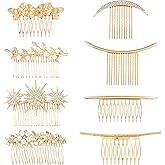 Dizila 8 Pieces Gold Metal Vintage Pearl Rhinestone Butterfly Flower Leaf Sun Moon Prom Bridal Wedding Hair Side Combs French Twist Hair Pins Grips Headpieces for Women Girls
