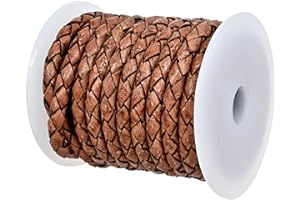 GENIQUE Real/Genuine Round Braided Leather Cord String Rope Folded, Leather Rope for Crafts, Jewelry Making, Necklace, Bracelet (5 Metres) (5mm, Saddle Brown Distressed)
