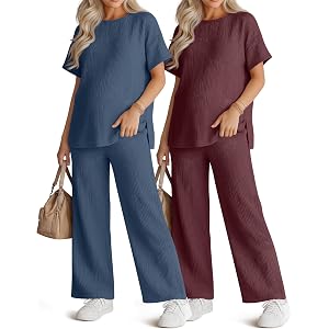Ficerd 4 Pcs 100% Cotton Muslin Maternity Pajamas Set | Lounge Pregnancy PJS, Side Slit Short Sleeve Shirts and Pants, Loose