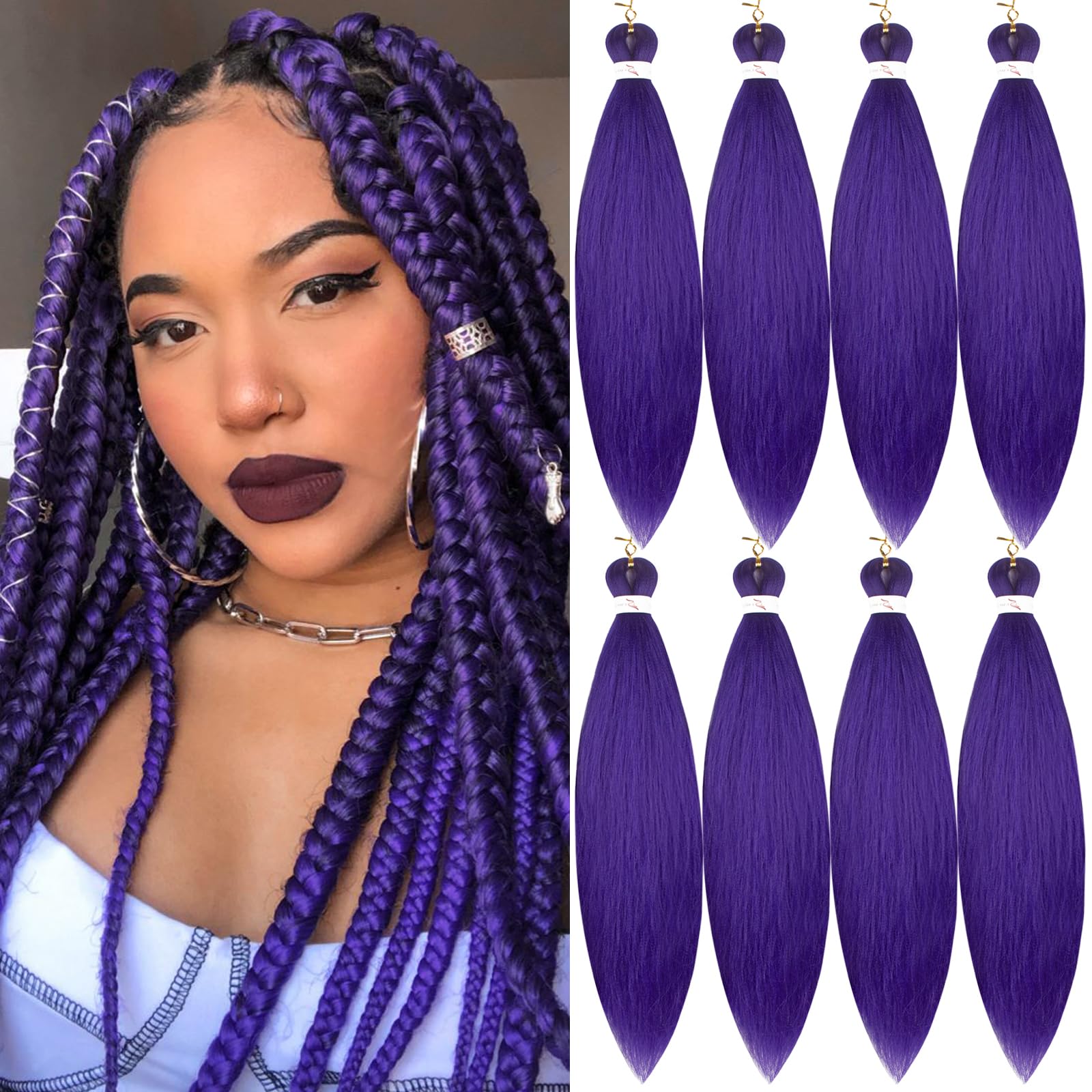Pre-stretched Braiding Hair Professional Easy Crochet Braid Hair 26 Inch 8 Packs Hot Water Setting Soft Synthetic Braiding Hair(26 inch Purple) — image 1