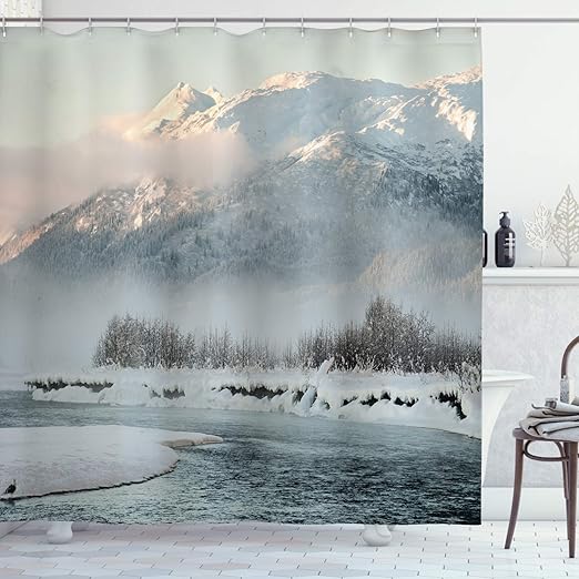 Amazon Com Ambesonne Alaska Shower Curtain Chilkat Valley Covered In Snow Winter Season Landscape Idyllic Scene From North Cloth Fabric Bathroom Decor Set With Hooks 70 Long Grey White Home Kitchen