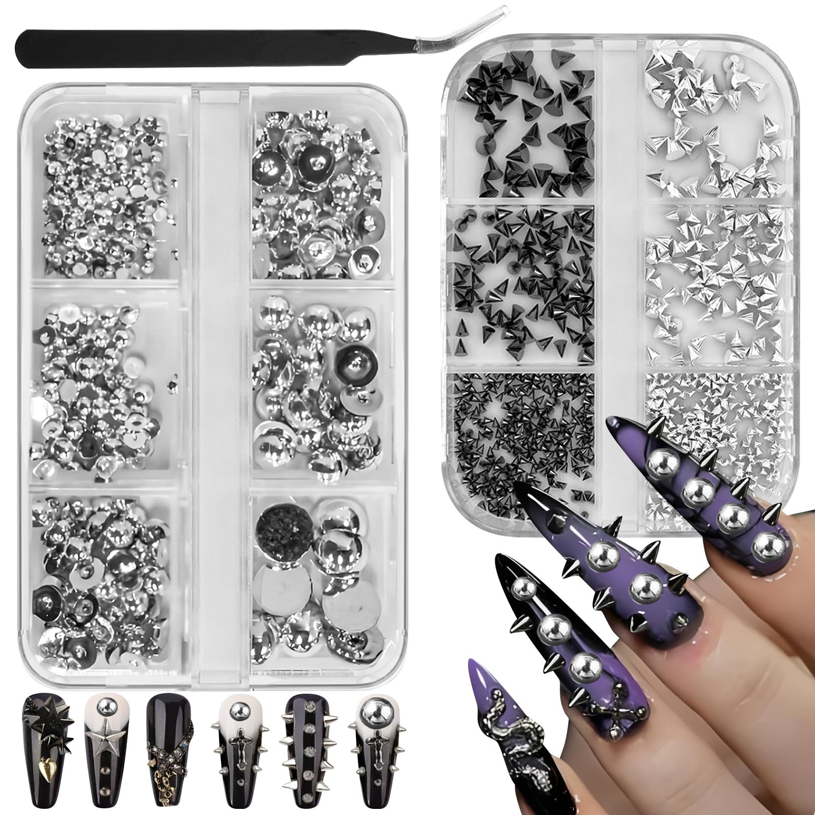 Photo 1 of 2 Boxes 3D Metal Punk Nail Charms Mixed Sizes Cone Spikes Rivet Punk Jewelry Manicure Charms Steel Balls with Tweezers Accessories DIY Crafts Decorations
