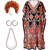 Jamntower 5 Pcs Halloween Women Landlady Costume Set with Caftan Dress Curly Wig Bead Necklace Earring for Cosplay Party