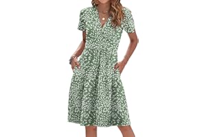 WNEEDU Women Summer Dress Short Sleeve Casual Dresses V Neck Wrap Waist Dress with Pockets