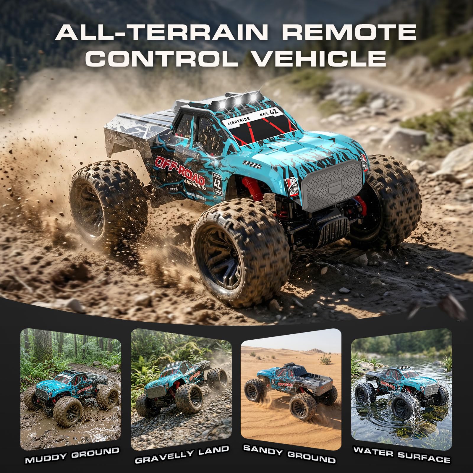 YESHIN Amphibienfahrzeug Ferngesteuertes Auto 1:14, 4WD RC Auto Geländewagen mit Licht & 2 Akkus, 2,4GHz Monstertruck Geschenk für Kinder Erwachsene Spielzeugauto für Sand, Wasser & Gelände 3