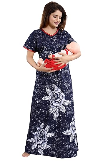 Women's Cotton Feeding/Maternity Nighty/Night Gown (Blue, Free Size)