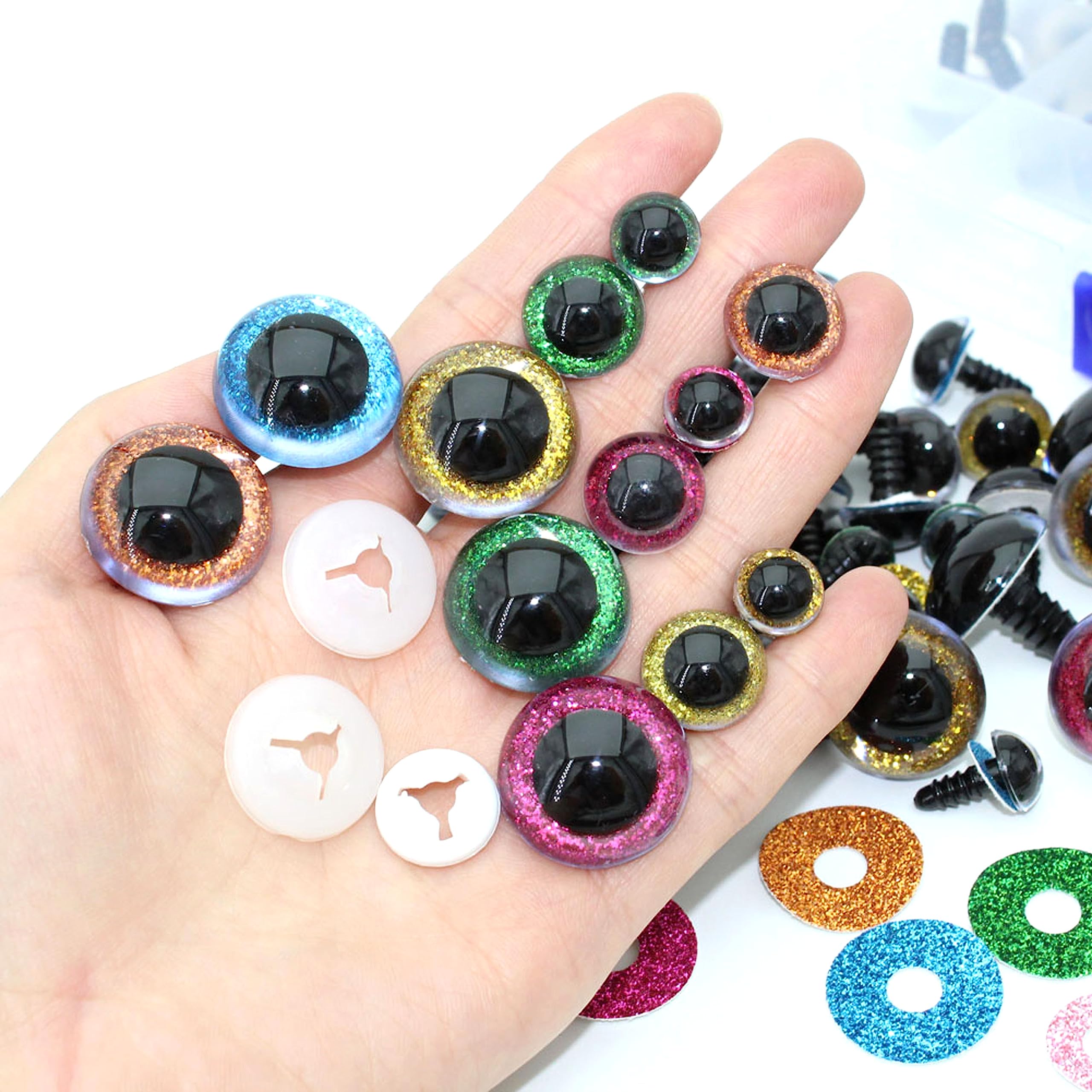 BESTCYC 1Box(80pcs) 12/16/24MM 5Colors Plastic Safety Eyes Glitter Craft Eyes Threaded Shank Design Stuffed Animal Eyes with Washers for DIY Puppet, Toy, Doll DIY Making Supplies