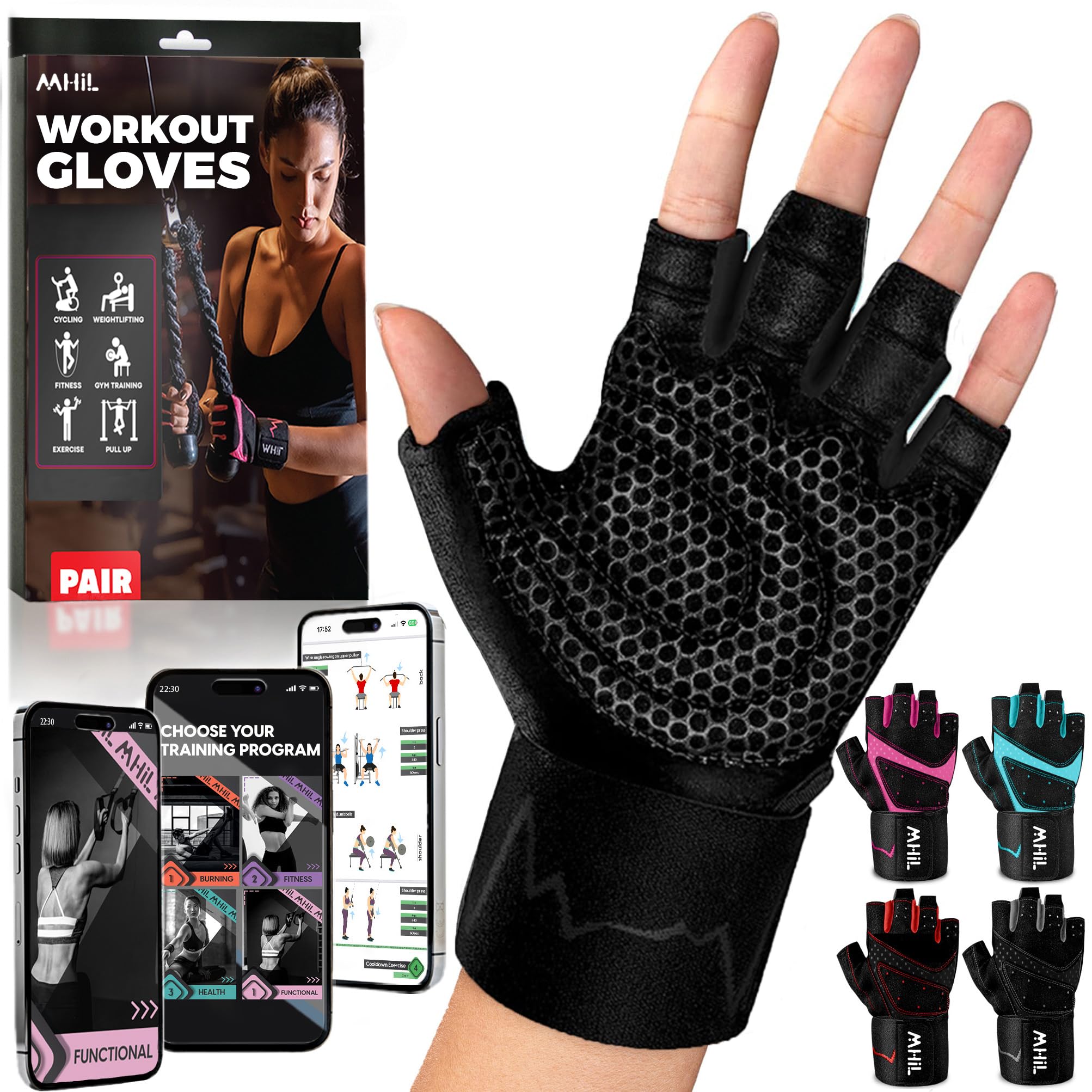 Photo 1 of MhIL Workout Gloves for Women – Breathable Gym Gloves for Women with Palm Protection and Enhanced Grip – Padded Weight Lifting Glove for Womens with Wrist Wraps Support Weightlifting Exercise Cycling