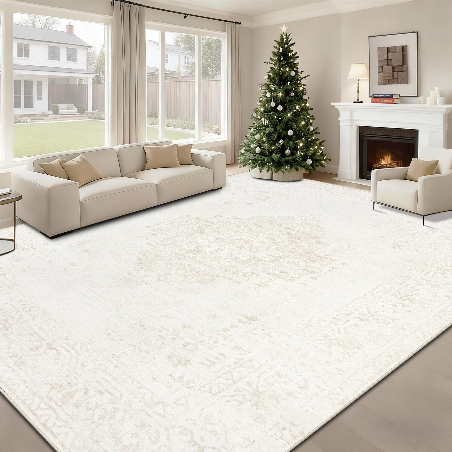 Photo 1 of 8x10 Area Rugs for Living Room: Washable Vintage Large Retro Rug Soft Non-Slip Indoor Low Pile Carpet for Bedroom Dining Room Office (Beige, 8' x 10')