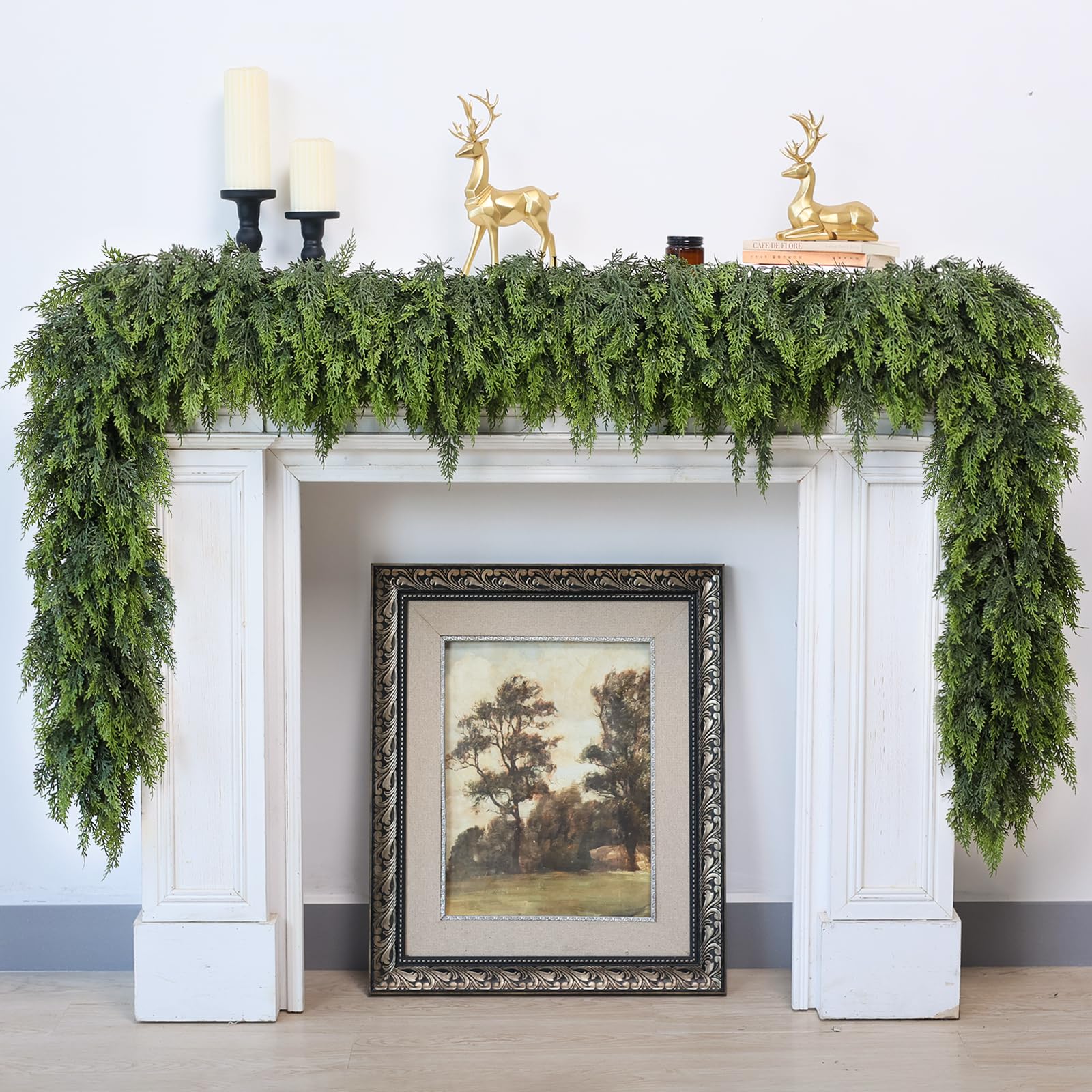 Photo 1 of 6FT Real Touch Cedar Garland for Fireplace - Artificial Christmas Garlands Realistic Faux Greenery Fake Pine Needles Garland for Holiday,Table, Window,Mantel,Stairs, Home,Indoor Outdoor Decor (1PCS)