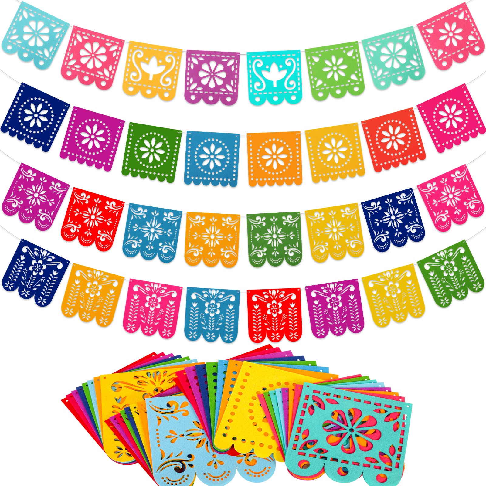 Qpout 4 Mexican Fiesta Party Decorations Banners, Felt Cinco de Mayo Decorations Banner, Day of the Dead Decor Papel Picado Banner, Dia De Los Muertos Garlands, Fiesta Birthday Baby Shower Flags