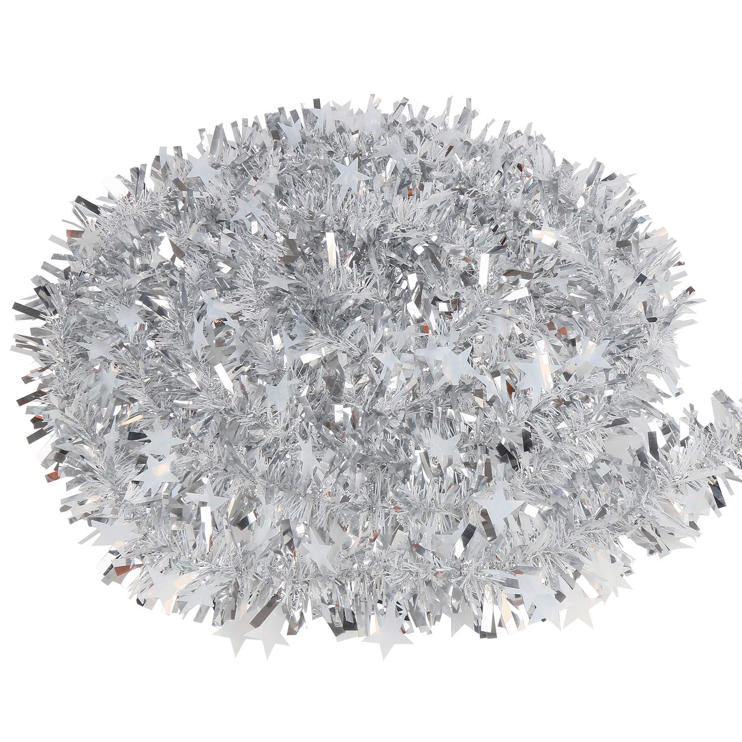 VEYLIN 10 Meter Sliver Xmas Decoration Tinsel with Star for Christmas Tree Home Office Supplies