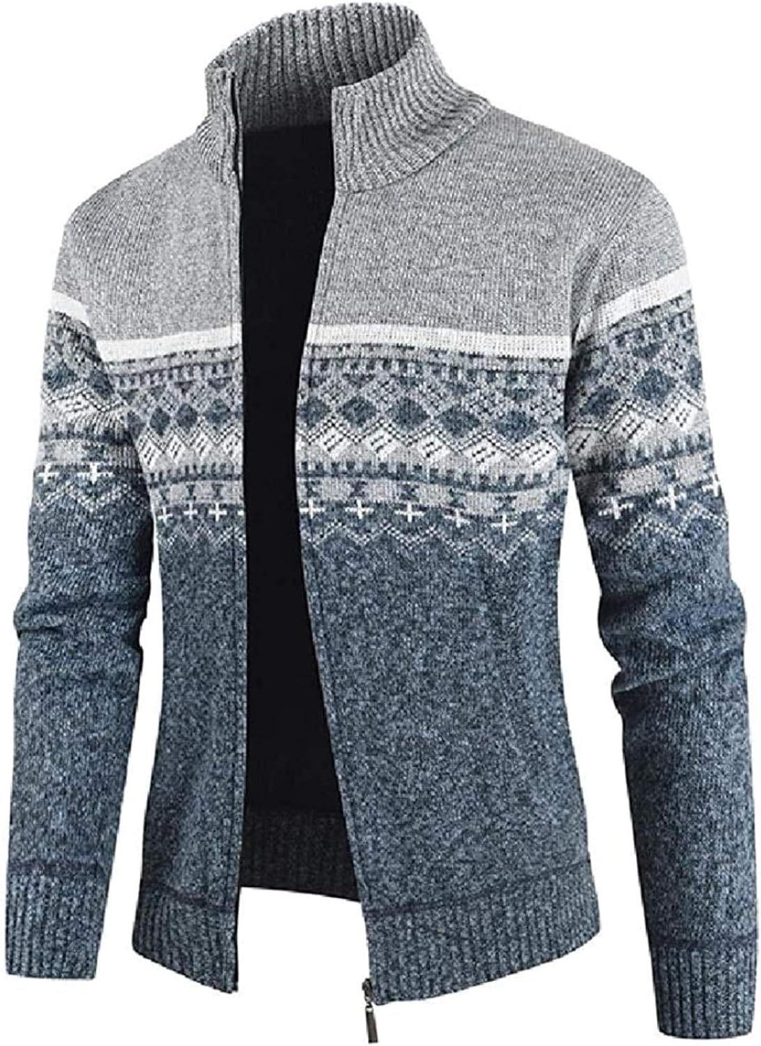 Men's Stand Collar Casual Zip Up Contrast Knitted Print Cardigan Coat