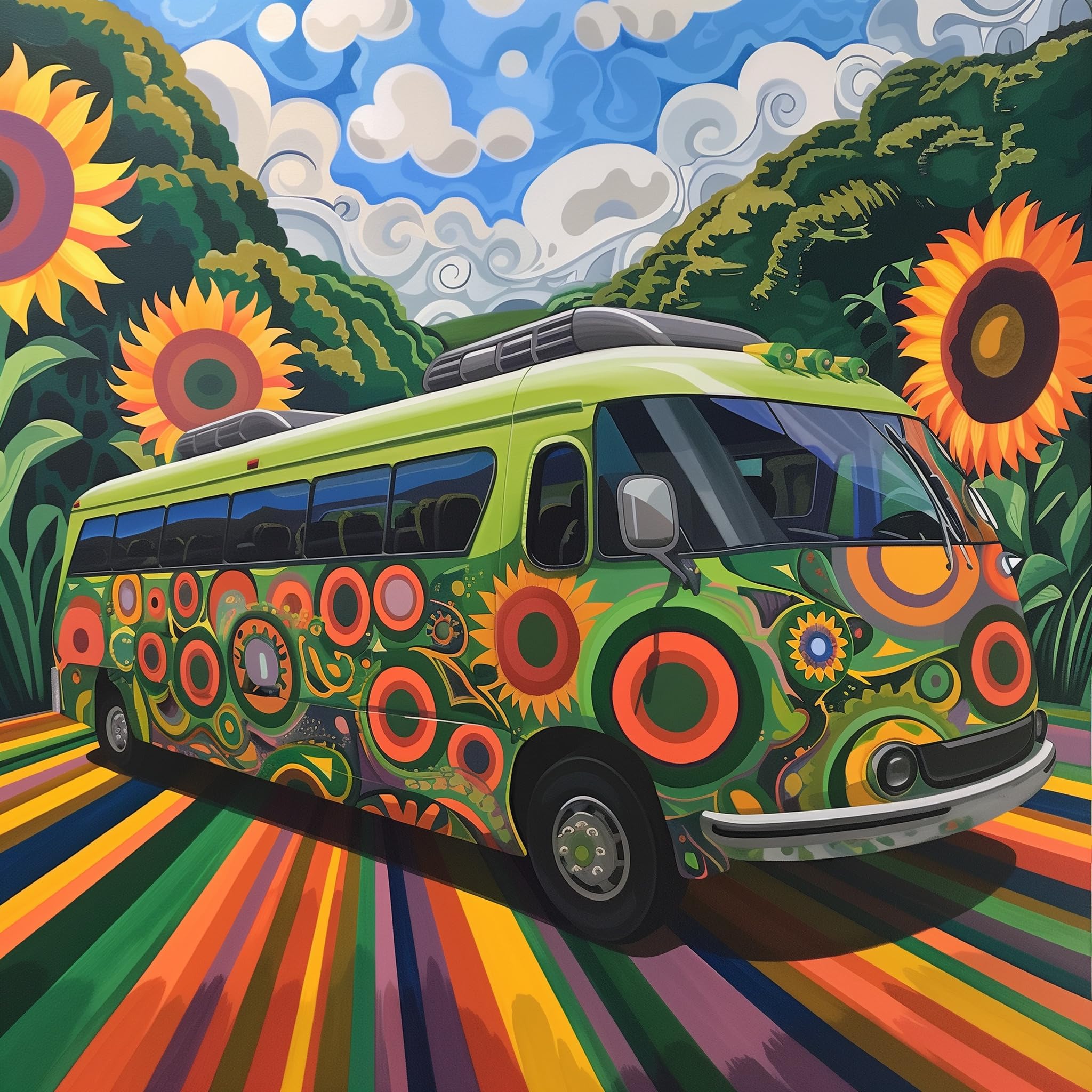TISHIRON Paint by Number Grass Green Park Shuttle Cruising Past Sunflower Yellow Fields Paint by Numbers Kit for Adults with Brushes and Pigment, DIY Painting by Numbers, 16x20 Inch