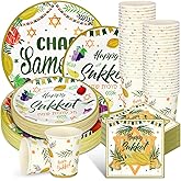 FoldTier 200 Pcs Sukkah Decorations Party Supplies Disposable Dinnerware Set with Sukkot Paper Plates Napkins Dessert Cups 7 Inch 9 Inch Tableware Serves 50 Guests