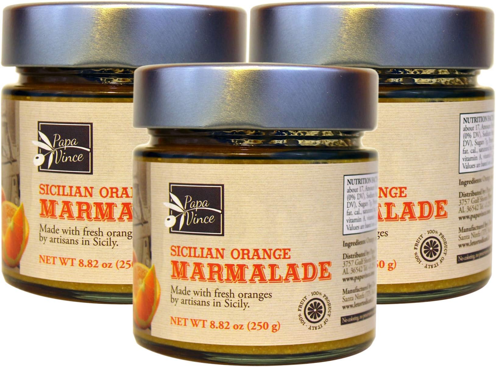 Papa Vince Orange Preserve Marmalade: fruit spread, NO CORN SYRUP, NO COMMERCIAL PECTIN, NO GMO made from WHOLE FRUIT locally grown in Sicily by our family in Italy, 3Pack of 8.82 oz