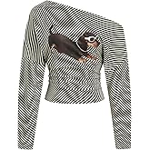 CIDER Striped One Shoulder Dog Print Long Sleeve Top Trendy Tee Shirt