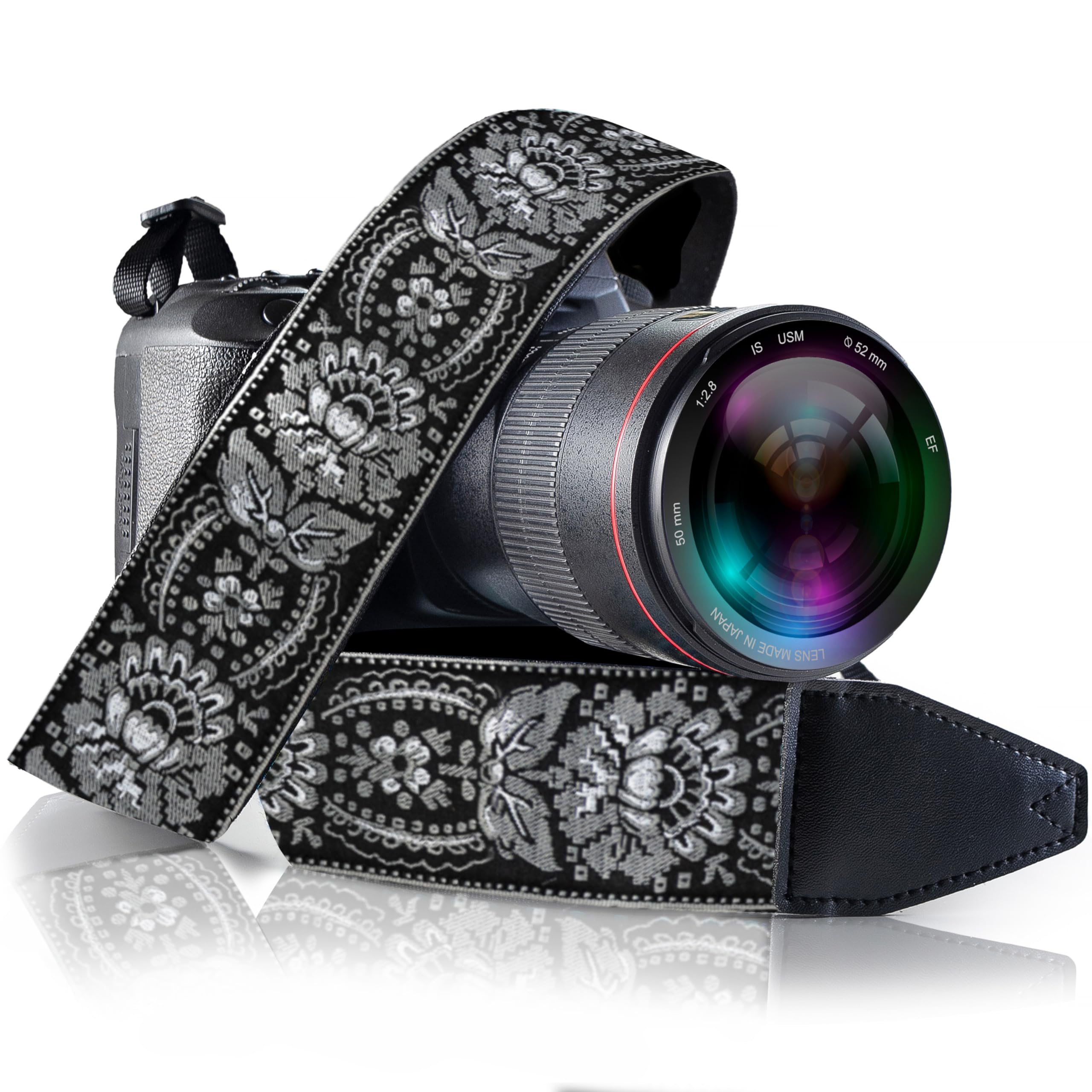 Art Tribute Camera Strap Royal Silver & Black Woven for All DSLR Camera. Embroidered Elegant Universal Neck & Shoulder Strap, Unique Pattern, Best Stocking Stuffer for Men & Women Photographers