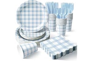 Vyntra Blue Gingham Party Plates and Cutlery Set for 50, 175 Pcs Disposable Paper Plates, Napkins and Cups, 7 Inch Dessert Pl